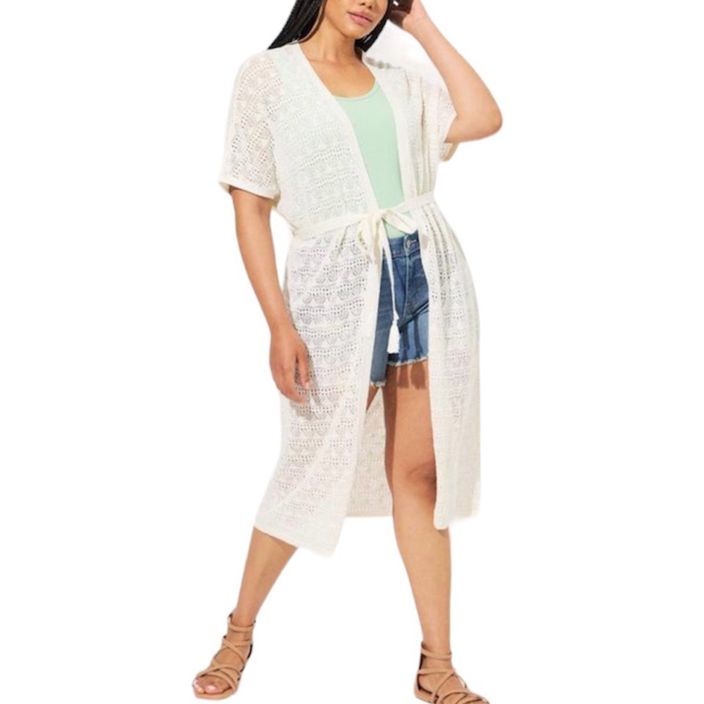 Torrid Women’s Plus Size Crochet Duster Short Sleeve Tie Waist Sweater